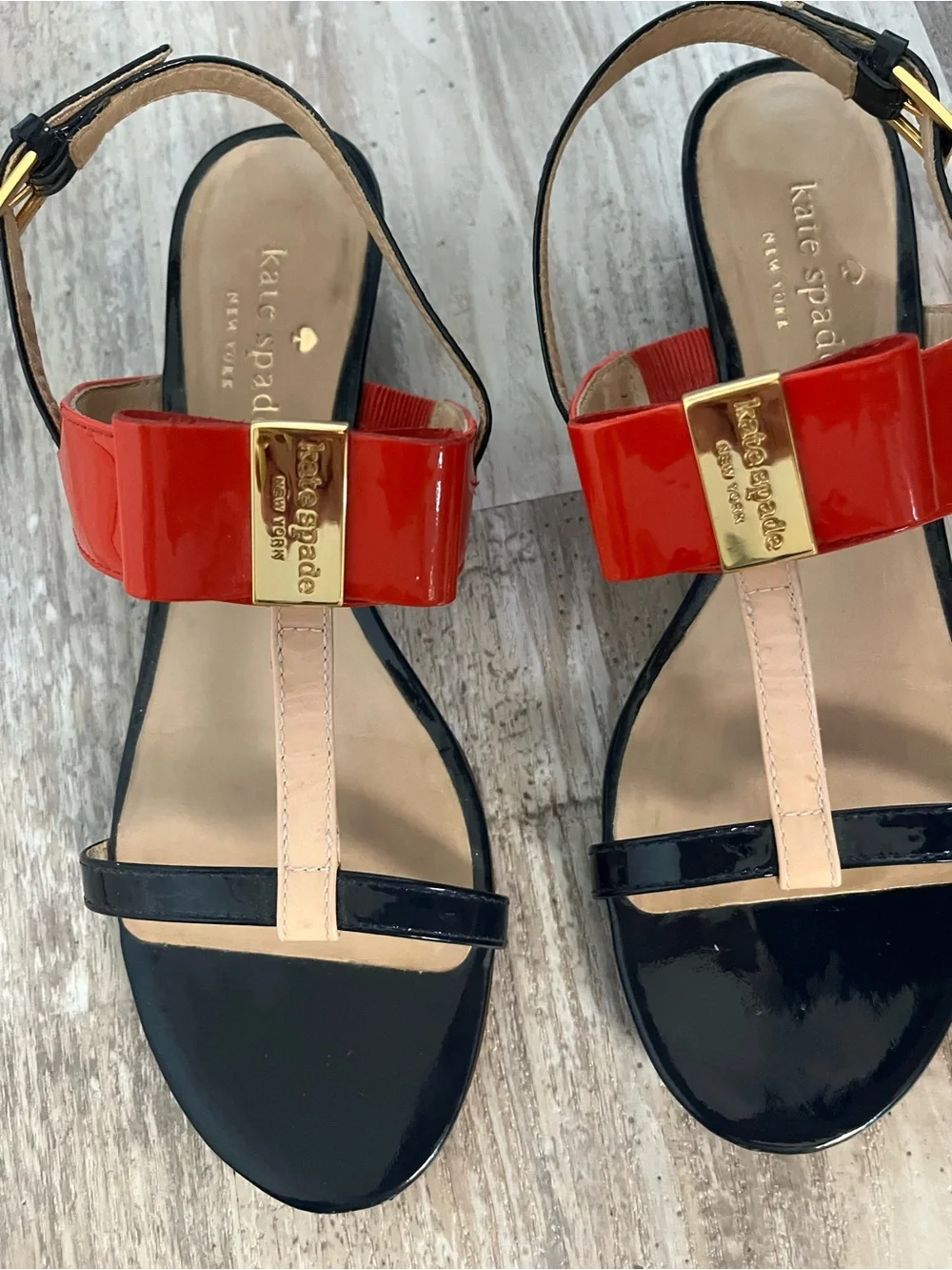 kate spade Red, Black & Nude Patent T-Strap Sandals